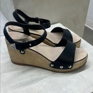 CHANEL Black and Tan Wedge Sandals